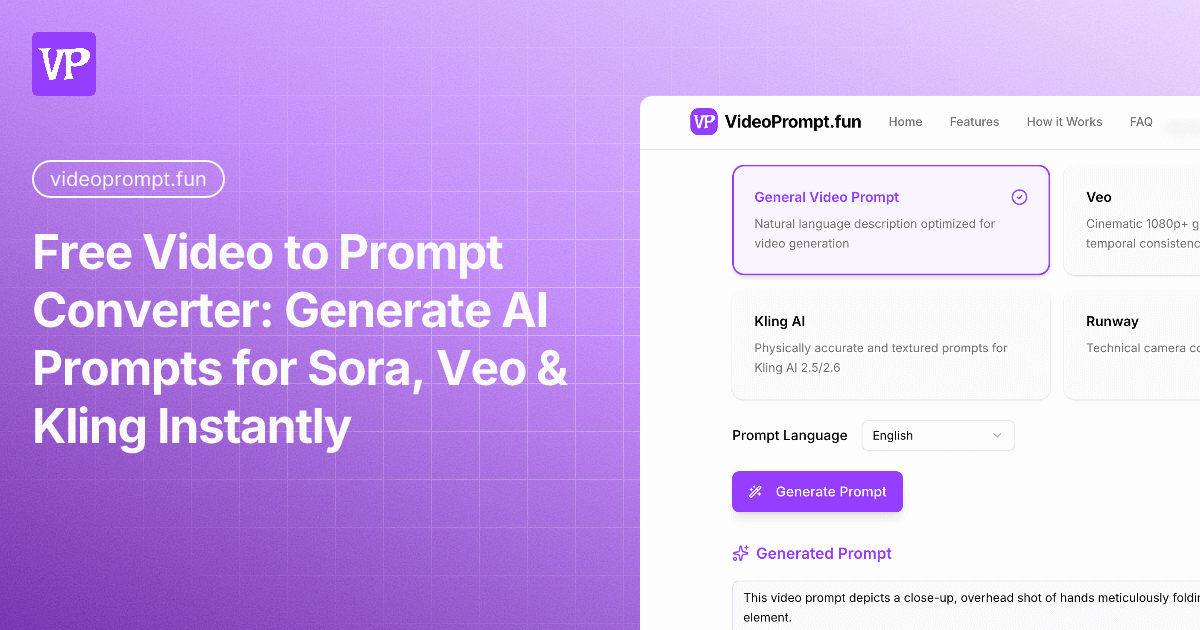VideoPrompt - Free AI Video to Prompt Converter for Sora, Veo & Kling